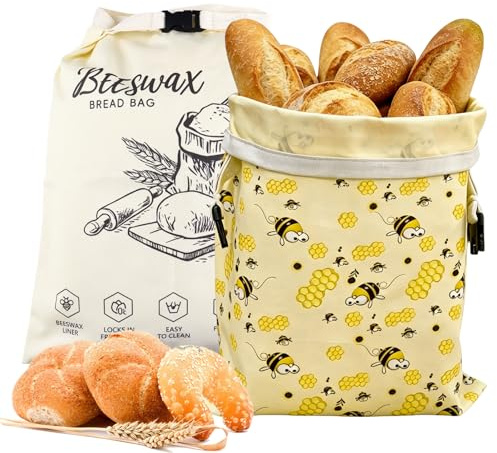 2 Pezzi Sacchetto per Pane in Cera d'Api Naturale,Sacchetti di Cotone Riutilizzabili Extra Grandi,Sacchetti di Cotone Riutilizzabili Lavabili, per mantenere il pane e i prodotti da forno 32 × 43 cm
