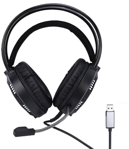 YUEHISY RGB Gaming Headset USB, 7.1 Virtual Surround Over Ear, 50 Mm HiFi-drivrutiner, Brusreducerande Mikrofon, Andningsbart Memory Foam, för PC (Svart)