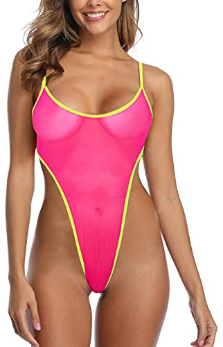 SHERRYLO genomskinlig baddräkt högt skuren mikromonokini bikini mini nät transparent baddräkt, Rosa Chartreuse, S