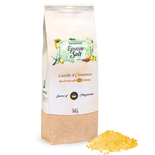 Nortembio Sales de Epsom 100% Fragancia Vainilla y Canela 700 g – Fuente Natural de Magnesio | Con Vitamina C y E Hidratante | Para Baños Relajantes, Spa y Cuidado de la Piel + E-Book Gratis