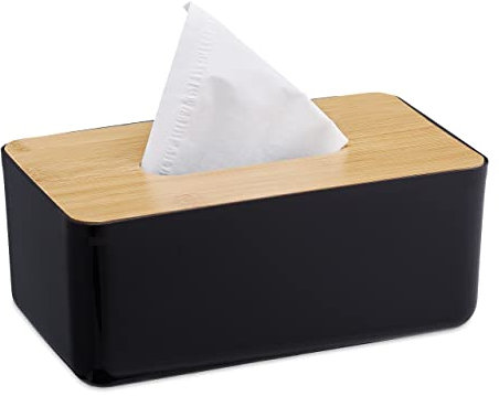 Relaxdays Kosmetiktücher Box fürs Bad, Kunststoff, Holz-Deckel, nachfüllbar, Tücherbox, HBT: 10x23x13 cm, schwarz/Natur