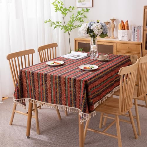 Menkala Tischdecke Boho Style Abwaschbar Rot Bunt Gestreift Tischwäsche mit Quasten Baumwolle Leinen Landhausstil Vintage Rechteckige Tischtuch 140x260 Tischdeko für Home Küche Landhaus Speisetisch