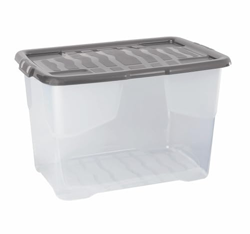 Strata 4 x 65 Litres Curve Plastic Stackable Storage Box & Lid with clip-on lids, 4 Pack, Multi storage box for home and office storage solution Clear Box, Grey Lid, (37cm H x 40cm W x 60cm D)