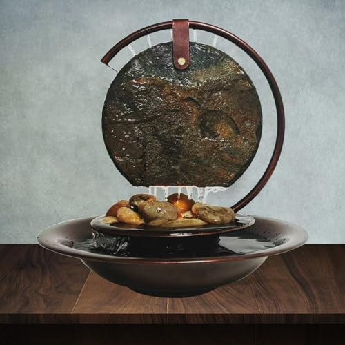 Pamopamo Fontana da tavolo a cascata e luna, decorazione per la casa, rilassante fontana rilassante per la meditazione, in ardesia naturale, con luce, per decorare la scrivania della stanza,