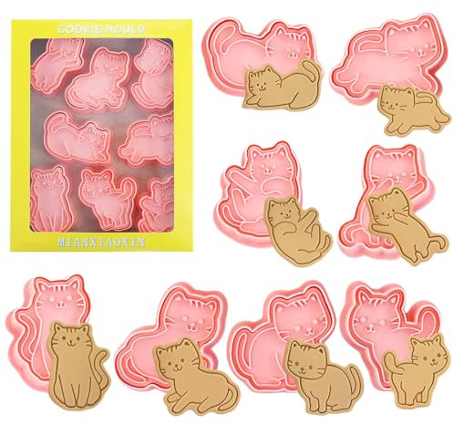 Plätzchenausstecher Katze,Ausstechform,8Pcs Katzen Keksstempel 3D Keksausstecher,Katze Keksschneider,Cookie Cutter für Kuchen, Fondant, Käse, Backformen