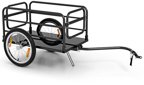 RELAX4LIFE Rimorchio per Bicicletta, Carrello da Trasporto con Telaio Metallico Pieghevole, Copertura Protettiva, Gancio Versatile, Ruote Gonfiabili da 40 cm, Riflettori, per Campeggio, Trasloco