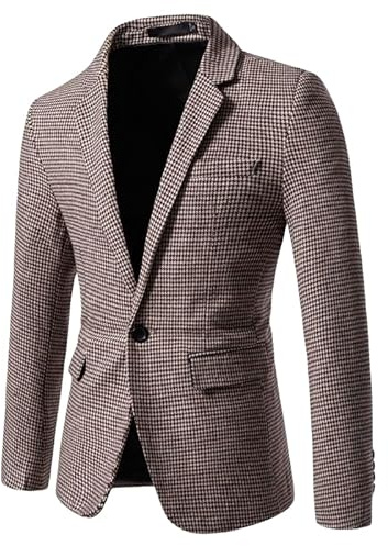HUIANGLIYG Blazer Informal A Cuadros para Hombre, Chaqueta de Traje de Tweed Lisa, Corte Entallado, Solapa con Muesca, Abrigo Deportivo de Un Botón, Blazer de Traje Vintage de Pata de Gallo, Chaque