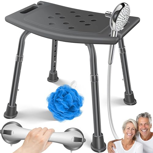 KESSER Sgabello da doccia regolabile in altezza, leggero, con piedini in gomma antiscivolo, portata 136 kg, per la doccia, per anziani, con ventosa, manico per vasca da bagno, sedile doccia (antracite