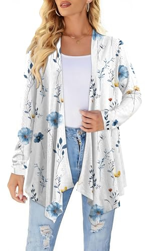 KISSMODA Womens Long Sleeve Draped Open Front Eyelet Cardigan Casual Lightweight Loose Jumper Duster Beach Cover Up