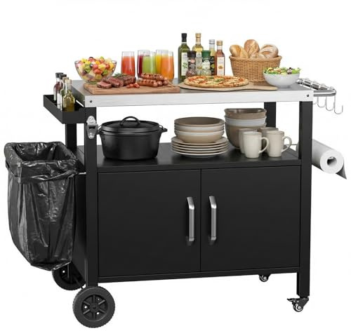 TLSUNNY Carro de Barbacoa con Armario, Carrito para Barbacoa con Encimera de Acero Inoxidable, Mesa de Grill con 4 Ruedas, Carrito de Cocina Exterior para Jardín, Terraza, Balcón Fiesta, 112 x 51 cm