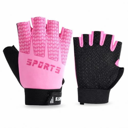 Snugcore Guantes de ciclismo para niños con medio dedo, transpirables, antideslizantes, guantes deportivos para niños y niñas, MTB, escalada, equitación, guantes para exteriores, sin dedos, color rosa