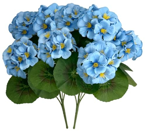 2 st konstgjorda pelargon för utomhus UV-resistent, 5 huvud verklighetstrogna blommor med löv för bröllop heminredning, 35,56 cm blå konstgjorda pelargon för utomhusbruk, UV-beständig 5 huvud