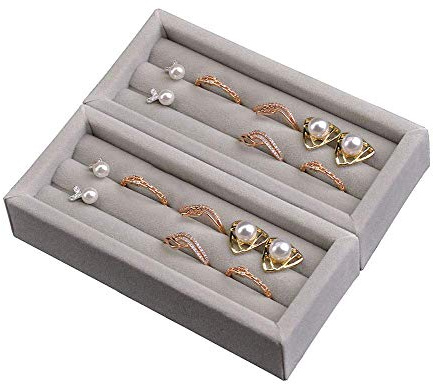 DesignSter Small Jewelry Tray, 2PCS Ring Organizer, Velvet Jewelry Display Tray, Stackable Jewelry Organizer Trays, Jewelry Drawer Organizer Inserts For Dresser, Jewelry Box (Gray)