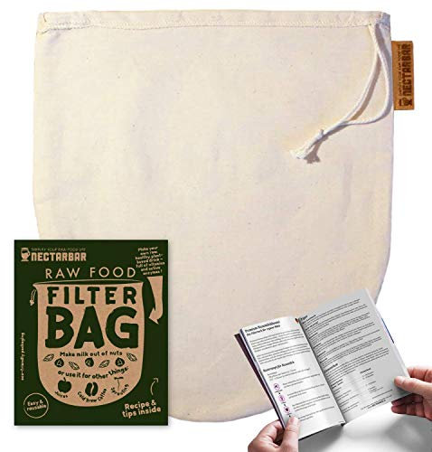 NECTARBAR Nussmilchbeutel aus ECO Baumwolle 25 x 30 cm - Nut Milk Bag - Filterbeutel für Pflanzenmilch - Kordelbeutelzug für vegane Milch - Passierbeutel plastikfrei - Made in Germany - Verpackung: EN