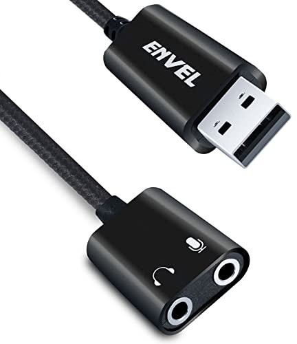 ENVEL USB to 3.5mm Audio Adapter,Aux to USB Stereo Sound Card with Dual TRS 3-Pole 3.5mm Headphone and Microphone Jack for PS4/PS5/PC/Laptop, Built-in Chip Headphone Adapter (Black Pro)