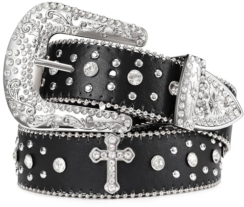 JASGOOD Rhinestone Studded Belt for Men Women, Western Leather Belt for Cowgirl Cowboy Vintage Bling Belt for Pants Dress