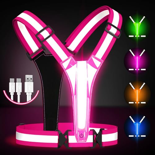 Fokia Kunbio Reflektierende LED-Laufweste, beleuchtete Weste, Läufer, Nachtlaufen, USB-wiederaufladbar, bis zu 11 Stunden Licht mit Verstellbarer Taille/Schulter für Damen, Herren, Kinder (Rosa)
