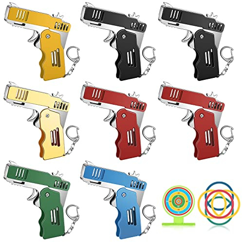 8 Sets Mini Rubber Band Toy Metal Folding Rubber Toy Shooter Launcher with Keychain for Teens Adults Game Outdoor Activities, 6 Colors