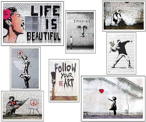 Set 8 cuadros base madera Decoración Salón Modernos, Dormitorios, Habitación, Banksy con colgadores metálicos, (2x 38 x 29 cm ; 6x 29 x 20 cm)