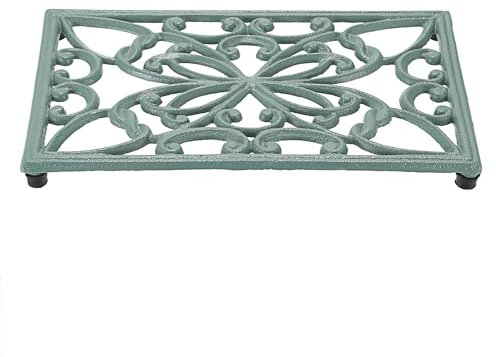 SUMTree Rectangle Cast Iron Trivet, Decorative Heavy Duty Hot Pot Holder Mat, Vintage Butterfly Pattern Cast Iron Trivet with Rubber Pegs for Kitchen Dining Table (Green)