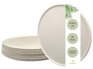 DeinPack 50 Stück Zuckerrohr Pizzateller Ø32,5 cm weiß rund I Partyteller | Einmalgeschirr | Bio Einweggeschirr | Speiseteller | Bagasse Teller | Bio Geschirr | biologisch abbaubare Teller für Pizza