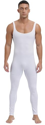 Runhomal Men's Full Body Tight Jumpsuit Unitard Square Neck Bodysuit Stretch Striped Rompers White L
