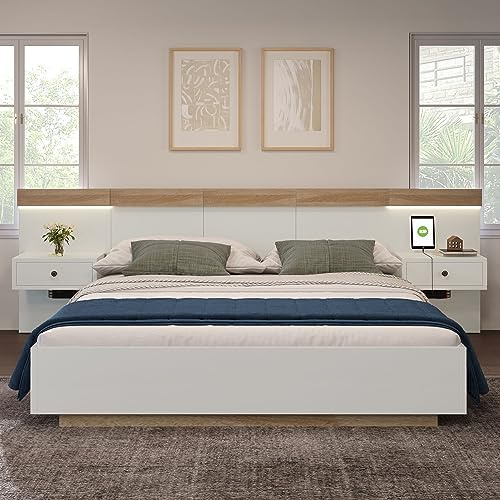 REXO Cama de madera con 2 cajones LED y enchufe USB C. 2 mesitas de noche para dormitorio completo, 205 x 244 x 90,5 cm (largo x ancho x alto) juego en roble Sonoma/blanco (sin colchón) (140 x 200 cm)