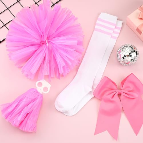Sinmoe Set de 4 Disfraces de Animadora de Halloween 2 Pompones de Porristas de Lámina Metálica 1 Lazo Grande de Pelo 1 Par de Calcetines Térmicos Deportivos hasta Rodilla para Danza Evento (Rosa)