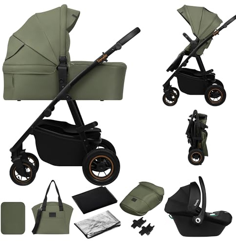 LIONELO AMBER PLUS 3-in-1 Multifunktionaler Kinderwagen von 0 bis 4 Jahren bis 22 kg mit XL-Babywanne, Kindersitz bis 13 kg, verstellbare Rückenlehne, große 360o Geländeräder, XXL-Verdeck