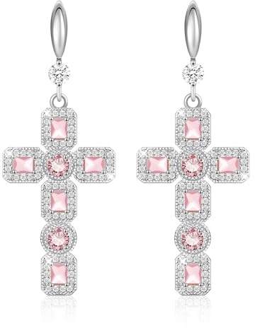 Linawe Orecchini a croce da appendere in argento, orecchini da donna, orecchini lunghi da appendere, orecchini pendenti con strass di cristallo e pietra portafortuna in moissanite
