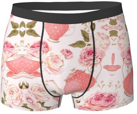 SDFCUMDM Gobelets à thé avec roses - Imprimé shabby romantique - Boxer pour homme - 95 % polyester + 5 % élasthanne - Respirant et léger, Noir , XXL
