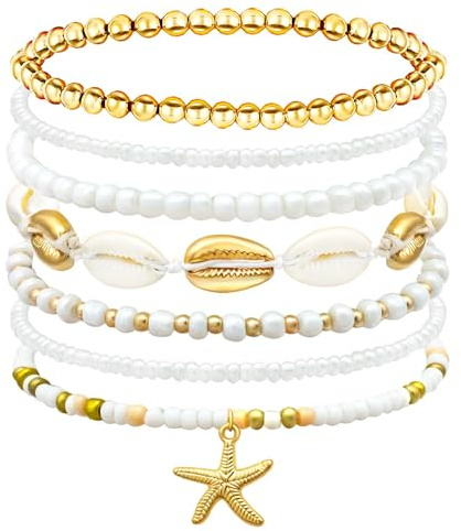 YUEXNKO Bijoux Bracelet Coquillage, 7 Pièces Bijoux Bracelet Ete Femme, Bijoux Été Plage, Bracelets de Plage Femme Filles, avec Etoiles de Mer et Coquillages (A)