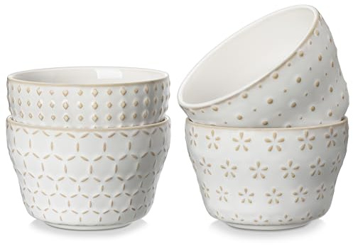 MALACASA Small Dessert Bowls 8 oz, Ice Cream Bowls, Dipping Sauce bowls,Ceramic Bouillon Soup Cups or Certain Side Dishes, Microwave & Dishwasher Safe, Set of 4, Arctic White, Series LYDIA