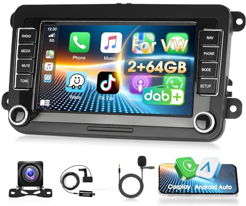 Autorradio Estéreo Motorsi 2 DIN para VW Golf 5 6 Polo Seat Android 15 de 7’’ 2 + 64 GB iOS Carplay para Passat Skoda Caddy, Android Auto, GPS, Bluetooth, FM/RDS, Cámara de Respaldo AHD y Micrófono