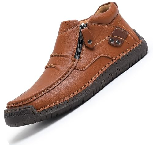 GHTRHSB Bottes orthopédiques en cuir à enfiler pour homme, chaussures de randonnée confortables faites à la main avec fermeture éclair latérale, marron clair, 42 2/3 EU