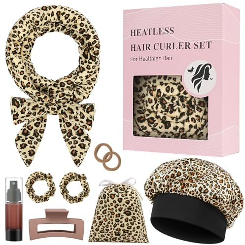 AOOWU Bigodino Lungo per Boccoli, 9 Pezzi Bigodini Senza Calore con Cuffia di Seta, Ferro Arricciacapelli Senza Calore, Velluto Fascia Morbida per Tutti Tipi Capelli (Motivo Leopardato)