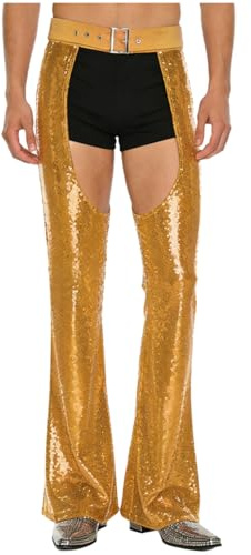 Oyolan Retro Disco Mens Glittery Sequin Bell Bottom Pants Bottomless Jodhpurs Party Costume Trousers Gold Medium
