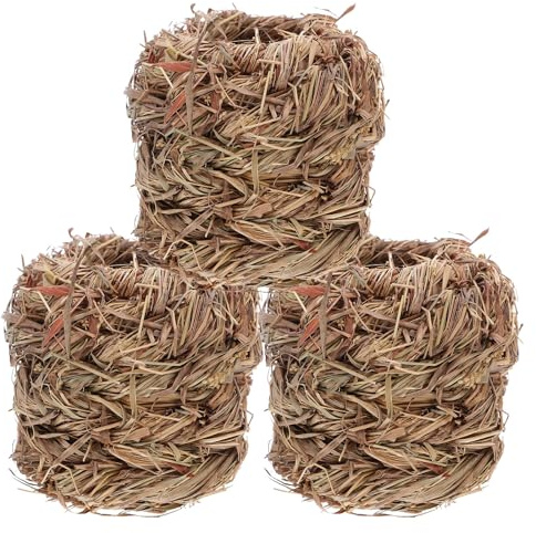 QUMIIRITY 3pcs Grass Hamster Nest Bunny Straw Cubby Natural Woven Hide-out Sleeping Nest Coffee for Small Hedgehog Chinchillas