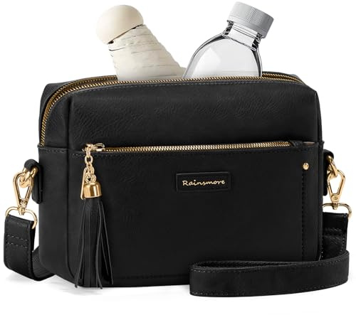 RAINSMORE Crossbody Bag for Women Waterproof PU Leather Small Handbags & Shoulder Bags with Anti Theft Zipper, Multi Pocket for Travel Work Shopping UK Black