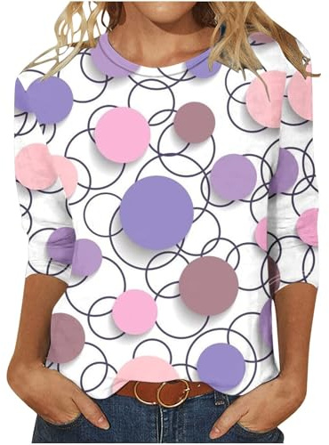 FlutVolt damblus vardaglig 3/4-ärm t-shirt elegant bomull tunika toppar lös rund hals sommarskjortor färgglad randig lång skjorta vintage sport lång blus kvinnors sommartröja