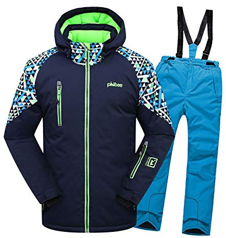 LPATTERN Kinder Skifahren Bekleidung - Kinder Jungen/Mädchen Zweiteilig Skianzug Schneeanzug Outfit-Set(Skijacke+ Skihose), Marineblau Jacke+ 17 Blau Trägerhose, 158/164