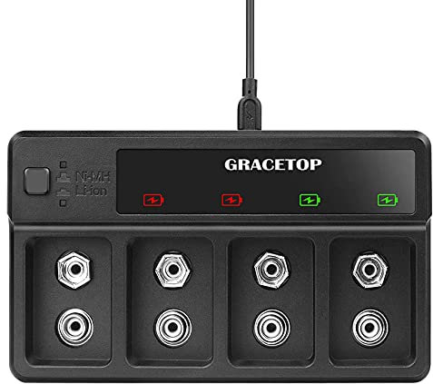 Cargador para pilas recargables para 9 V con 4 ranuras indicadoras de carga LED, cargador de 2 o 4 baterías de litio 9 V/Ni-MH 9 V, cargador conmutable con puerto USB/Type C