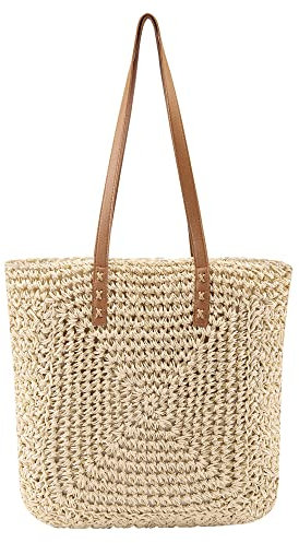 Faletony Stroh Strandtasche Flechttasche Strohtasche Groß Umhängetasche Sommer Shopper Handtasche Einkaufstasche Korbtasche für Strand Reise Einkauf (Stil 1-Beige)