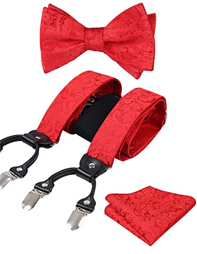 Alizeal Set di 6 bretelle da uomo regolabili Paisley con papillon autolegato, fazzoletto da taschino e elastico a forma di Y, 076-rosso, Taglia unica