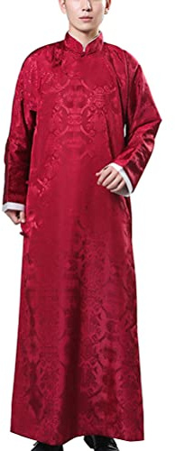 Deluxe Men's Chinese Traditional Cheongsam Crosstalk Coat Kung Fu Long Robe Suit Wushu Mandarin Collar Gown Fancy Dress (M, 33-Red)
