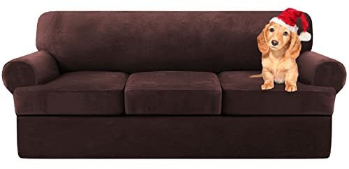 Sofa Cover,T Cushion Sofa Cover Velvet Non-Slip T Cushion 1/2/3 Seater Couch Cover with Individual T Cushion Seat Cover with Elastic Bands Furniture Slipcovers Protector (Brown,3 Seater-4Pieces)