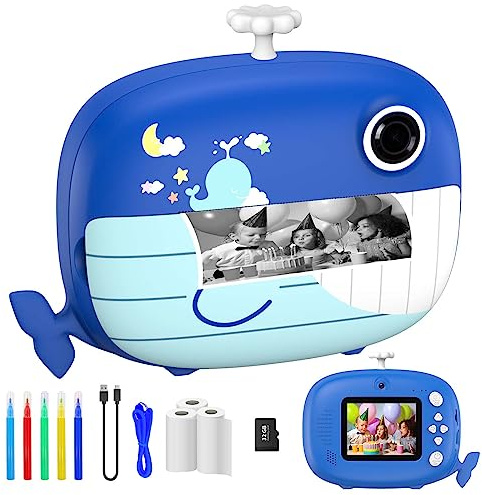 Ushining Camara Fotos Infantil Instantanea, 10X Zoom 1080P Videocámara Cámara Instantánea Niños con Pantalla de 2,4 Pulgadas Papel de Impresión y Tarjeta TF de 32GB, Regalos para 3 a 14 Años, Ballena