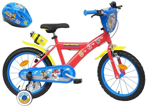 Vélo Enfant 16 Pat Patrouille équipé de 2 Freins, Bidon/Porte Bidon Garde Boues, Plaque Avant, stabilisateurs Amovibles + Casque Pat Patrouille Inclus !