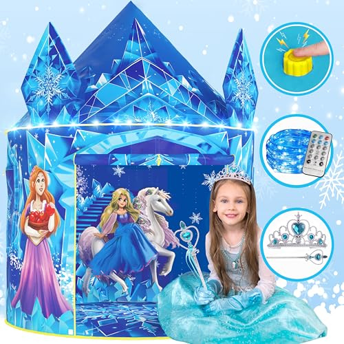 W&O Ice CastleTent for Girls with Magic Sound Button, LED Lights, Crown & Wand Set - Frozen Toys for Girls - Kids Tent Indoor - Play Tent for Kids - Castle Playhouse - Princess Toys