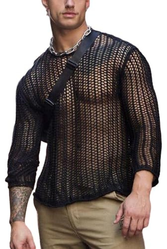 Evankin Men's T-Shirt Hollow Out Mesh Long Sleeve Tops See Through Underwear Knitted Sweater Loose Undershirt T-Shirt(Black-XXXL)